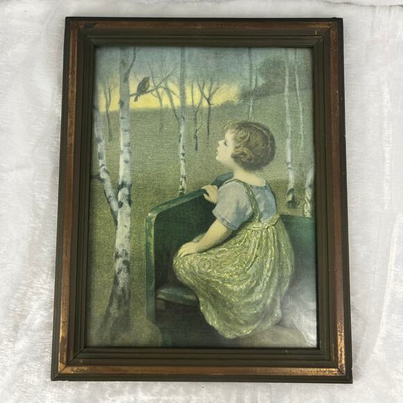 Vintage Framed “Spring Song” Print by Simon Glöcklich Girl Watching Bird 11x14 - Picture 1 of 6